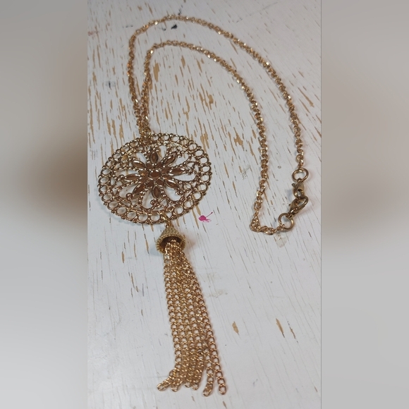 Single Gold Chain Long Necklace with Gold Sun Medallion Pendant & Tassel - Picture 7 of 8